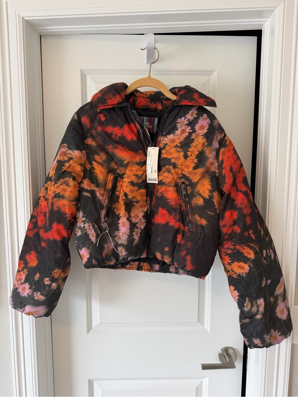 Urban Outfitters Womens Floral Puffer Jacket in Black, Orange & Red